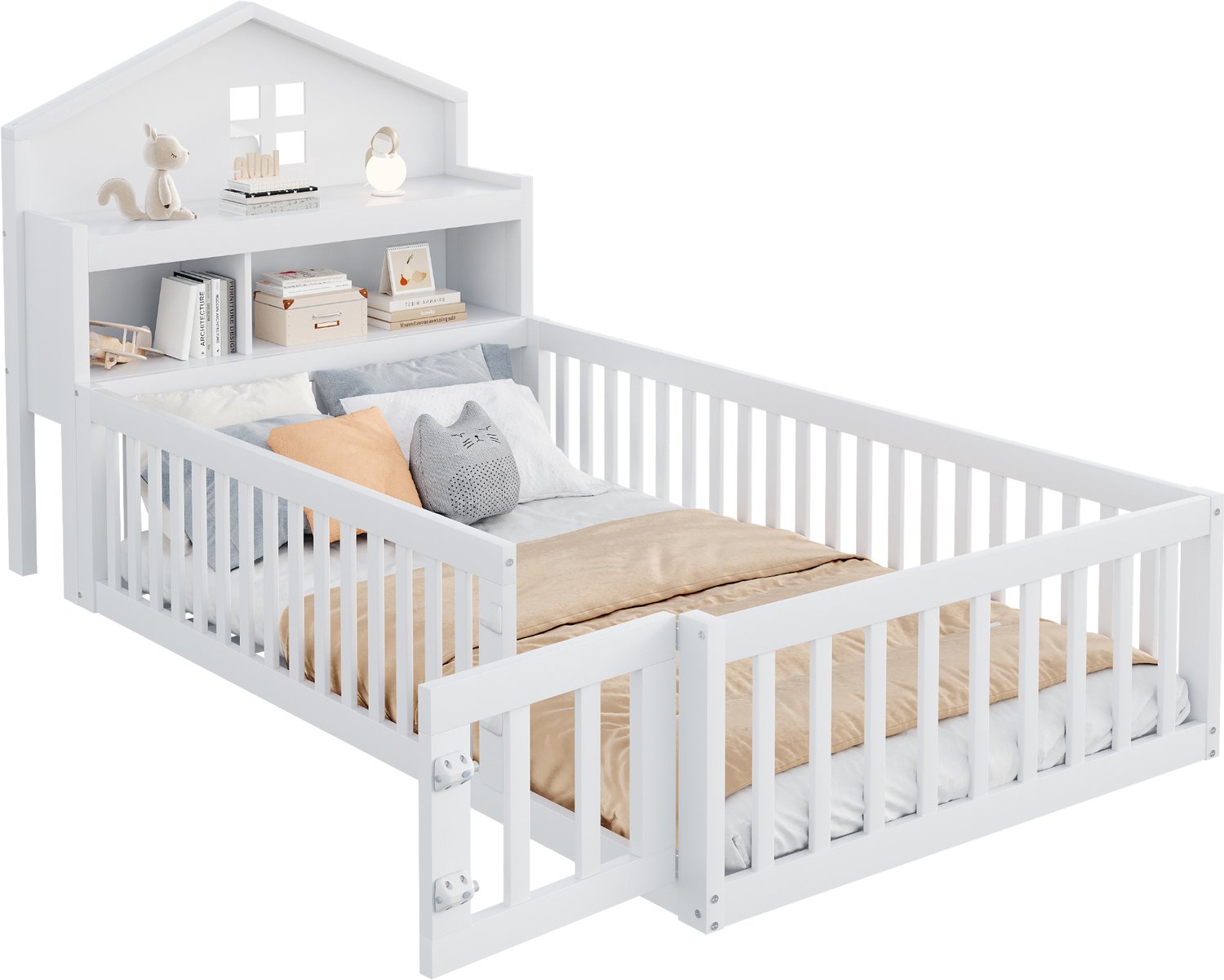 Kinderbed 90x200 - Wit Huisbed Met Opbergruimte En Lattenbodem - Massief Grenenhout Met Hekje En Deurtje Voor Kinderkamer Met Krijtbord