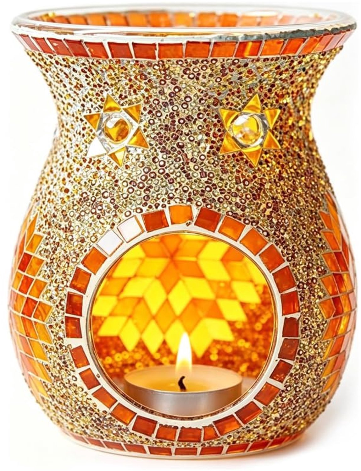Wax Melt Brander, Mozaïek Glas Oliebrander, Essentiële Oliebranders met Kaars, Theelicht Kaarsenhouder, Geurverspreider voor Thuis en Kantoor Decoratie (Oranje)