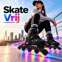 Jonge vrouw op zwarte inlineskates met felgekleurde oplichtende LED-wielen in een stedelijke omgeving.