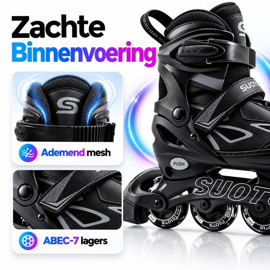 Zwarte inlineskates met zachte binnenvoering, ademende mesh en ABEC-7 lagers.