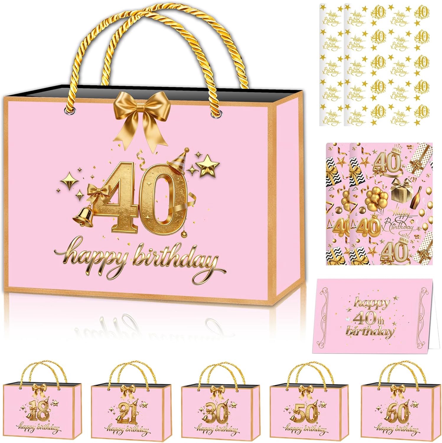 Cadeaupapier set - Roségoud - Inclusief geschenkzakje, wenskaart en lint - Perfect voor 40e verjaardag - ShopVlot