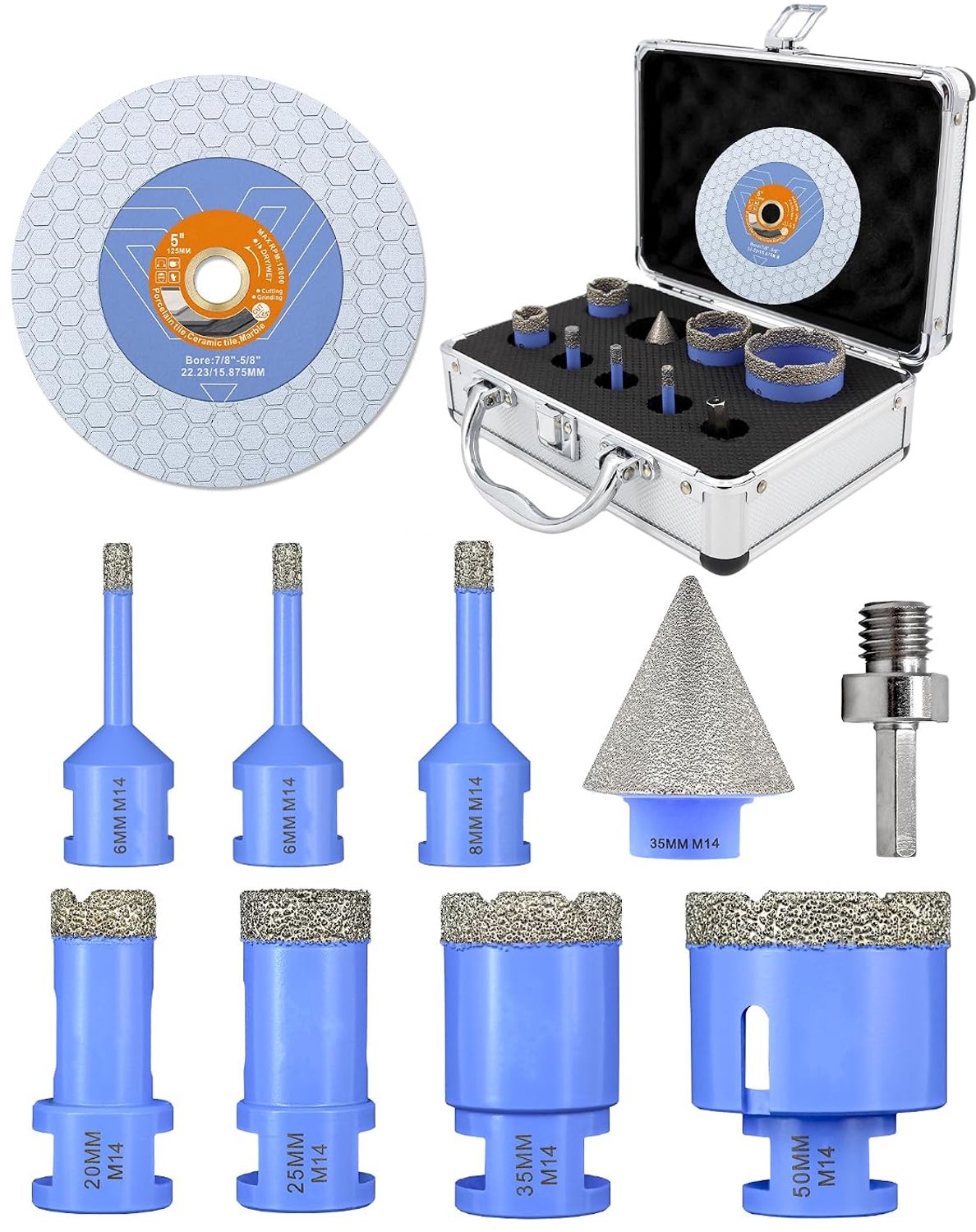 Diamant tegelboorset 10 stuks - 6/6/8/20/25/35/50 mm - M14 boorkronen en adapter - Voor tegels en keramiek - Vemera