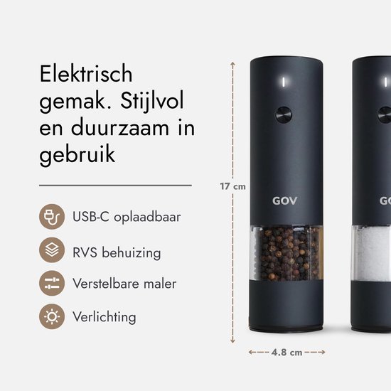 GOV Elektrisch Peper- en Zoutstel - RVS Regular - Oplaadbaar - Black Edition - Zwart - Pepermolen - Cadeau - Roestvrij Staal — cadeau in Kookcadeaus - foto 2