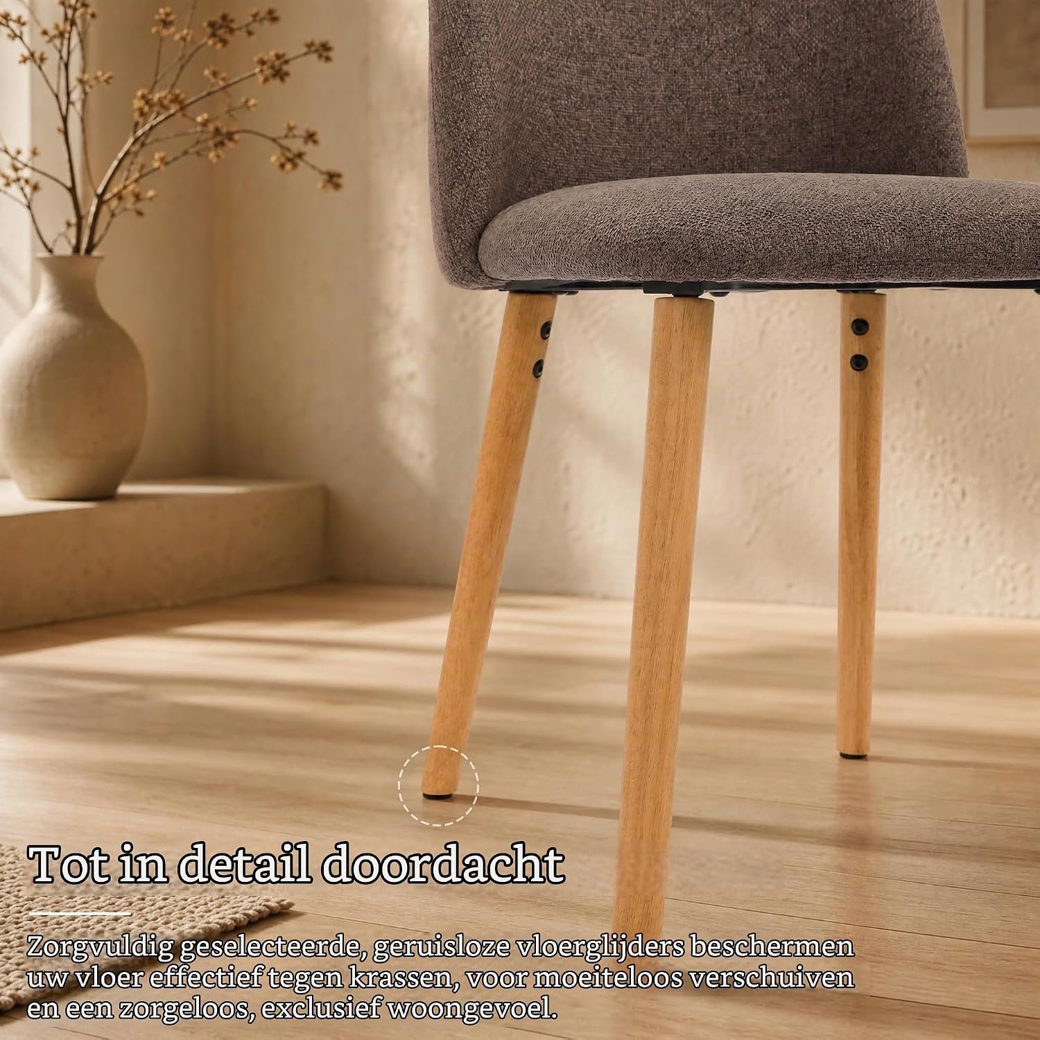 Set van 6 Eetkamerstoelen Mokka Bruin met Linnenlook Bekleding en Massief Houten Poten – Ergonomische Gestoffeerde Eetkamerstoelen met Comfortabele Rugleuning, Krasbeschermers en Draagvermogen tot 150 kg, 54 x 45 x 83 cm