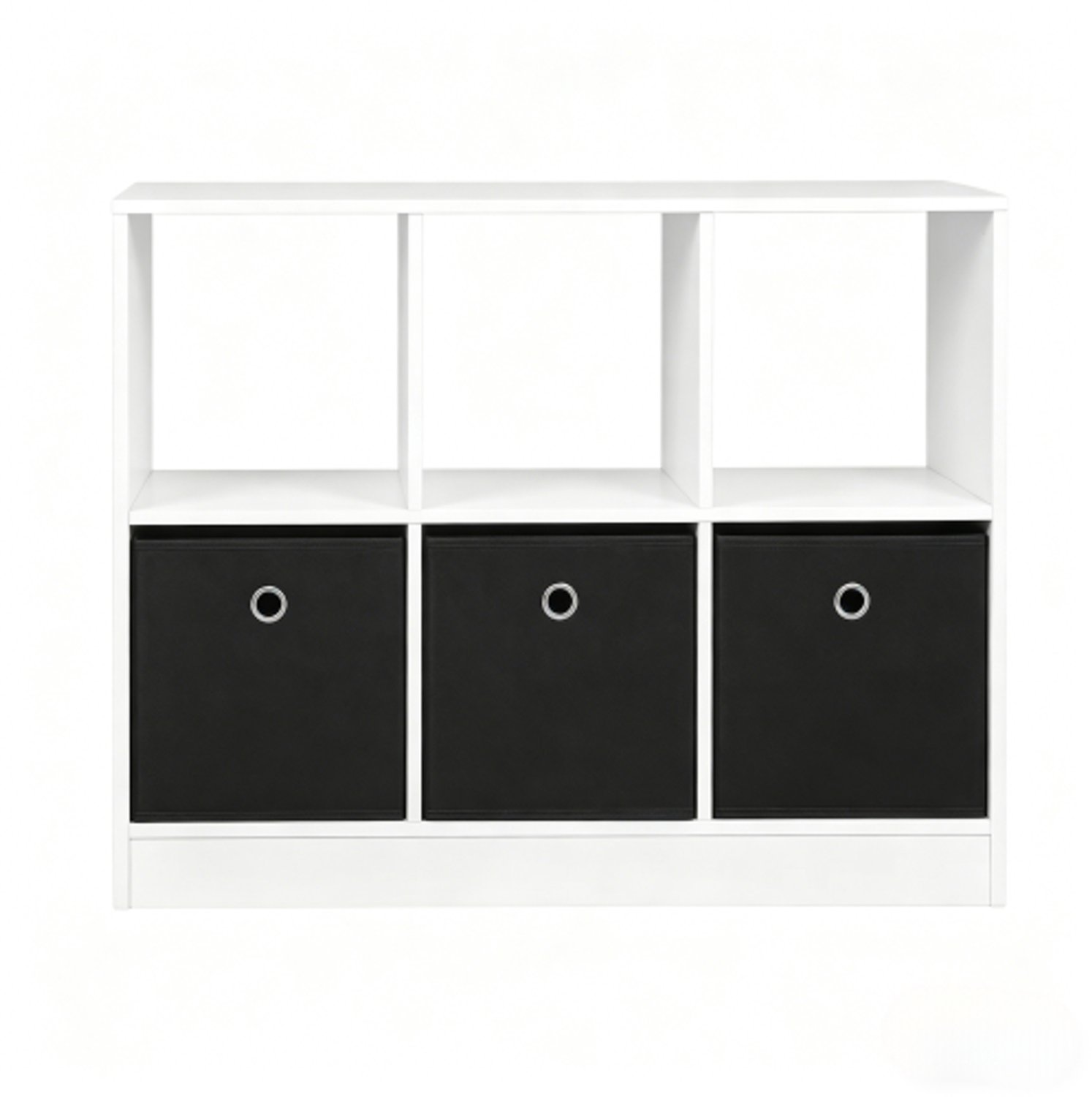 Kubusrek met 6 vakken en 3 stoffen lades, wit zijboardenkast met zwarte dozen, 80 × 30 × 61 cm