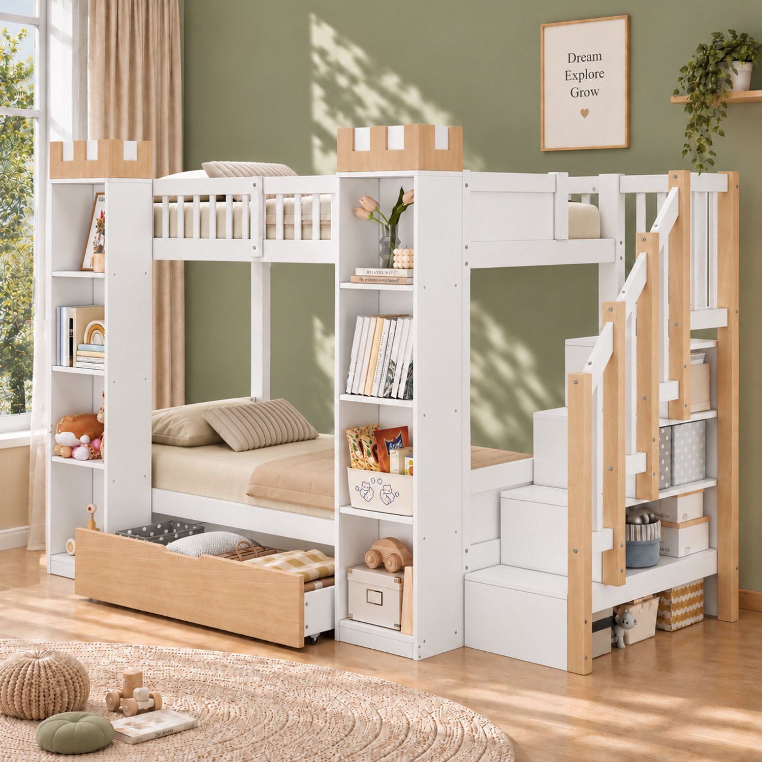 DESMIU Stapelbed 90x200 cm - Kasteelontwerp met Opbergruimte - Opbergtrap en Bedlade - voor Kinderkamer - Hout en MDF - Wit - Zonder Matras