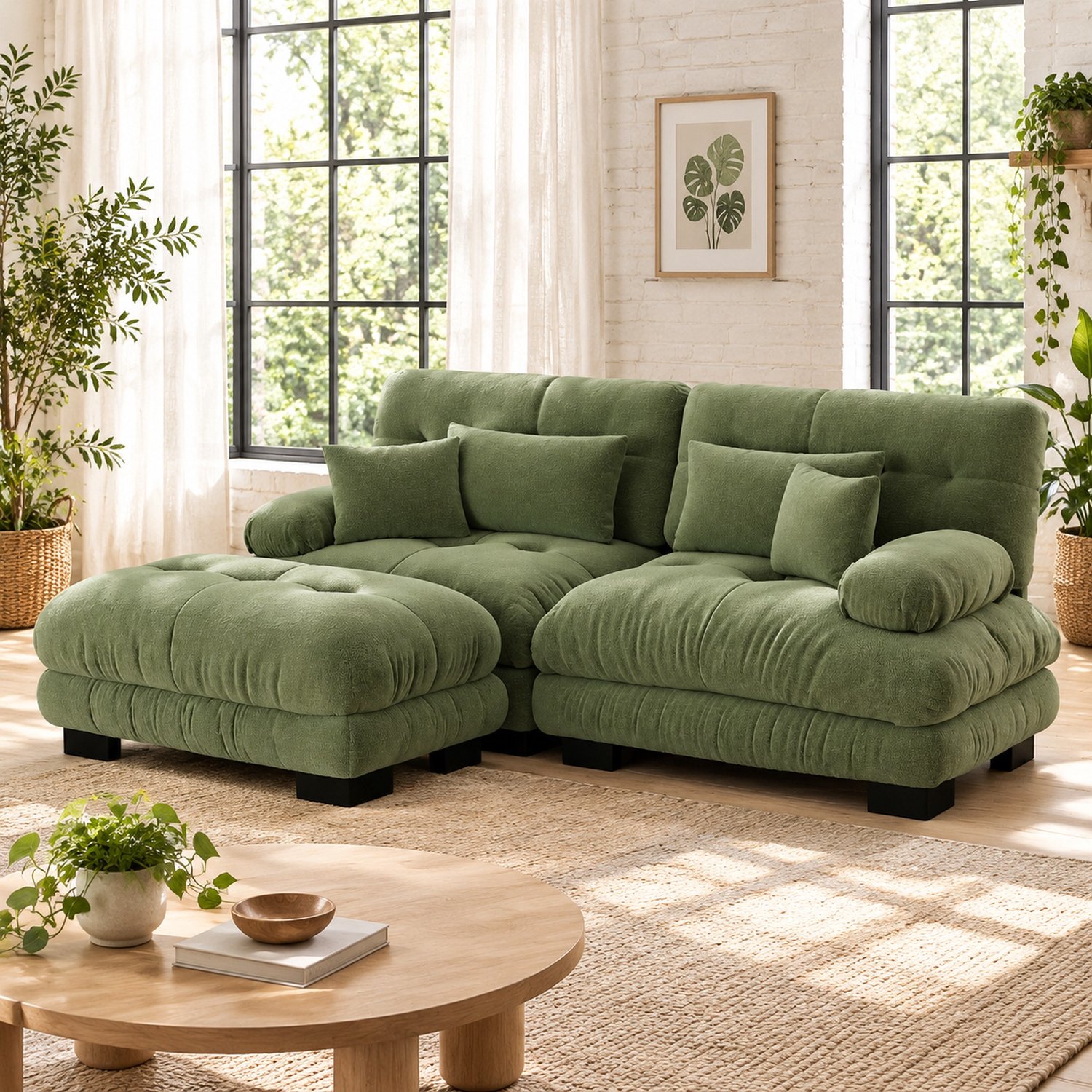 WUVRIE Modulaire hoekbank 220x145 cm - Chenille met ottoman en 4 kussens - Groen