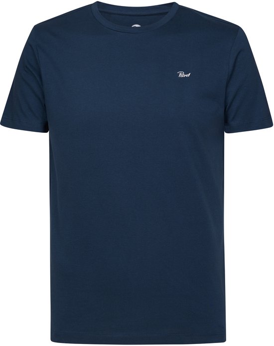Donkerblauw T-shirt met korte mouwen, ronde hals en wit Petrol-logo op de borst.