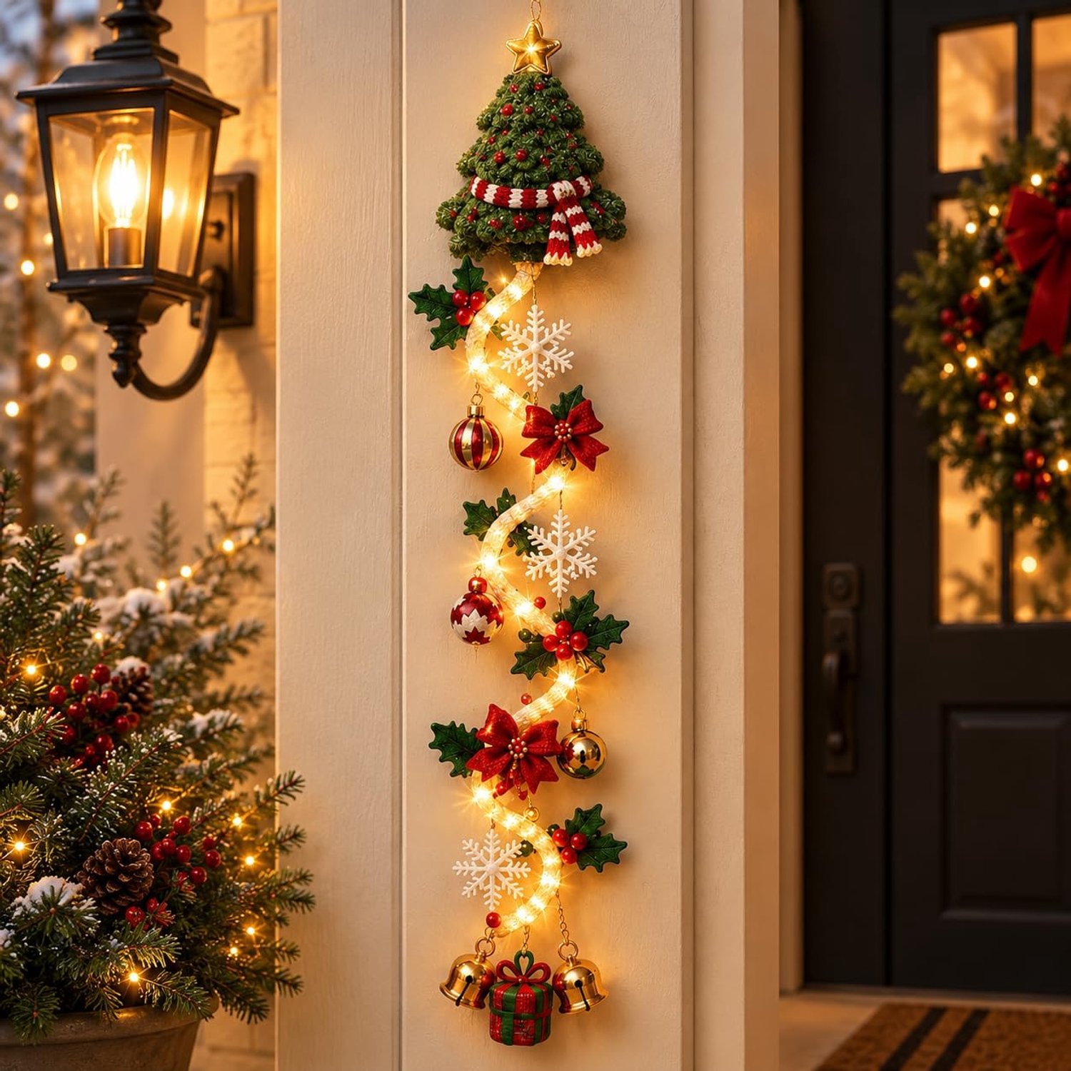 Kerstversiering - Glowing Christmas Deurhanger - Gevoerde Stoffen Deurhanger met Warme Verlichting - 100 cm - 1 stuk - Kerstboom