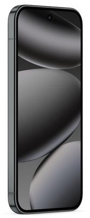 Voorkant van zwarte Google Pixel 10 Pro met slanke randen en centrale selfiecamera in het display.
