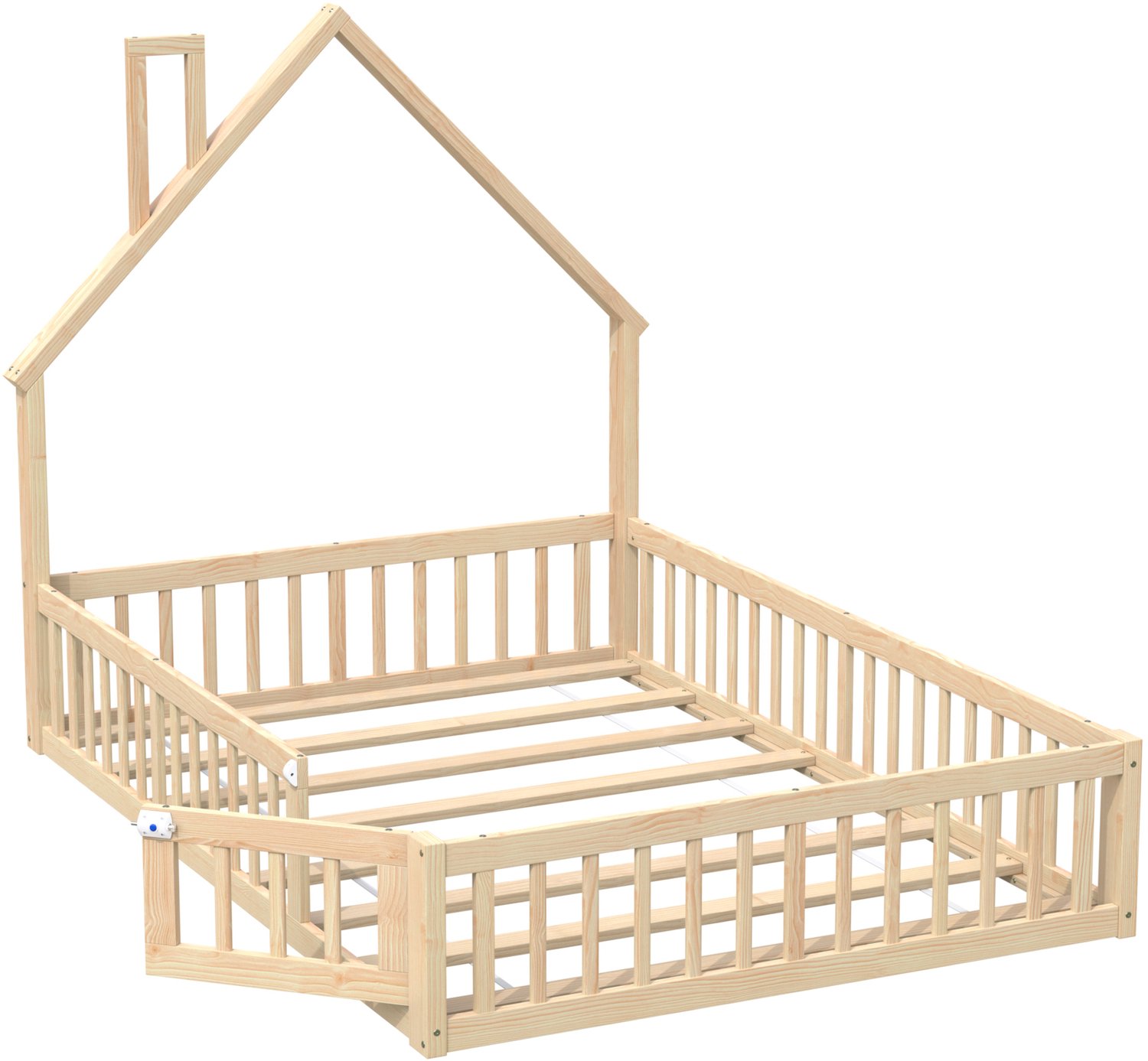 Huisbed 140 x 200 cm - Met Lattenbodem En Veiligheidshekjes - Speelse Schoorsteenvorm - Grenenhout En MDF - Naturel Voor De Kinderkamer