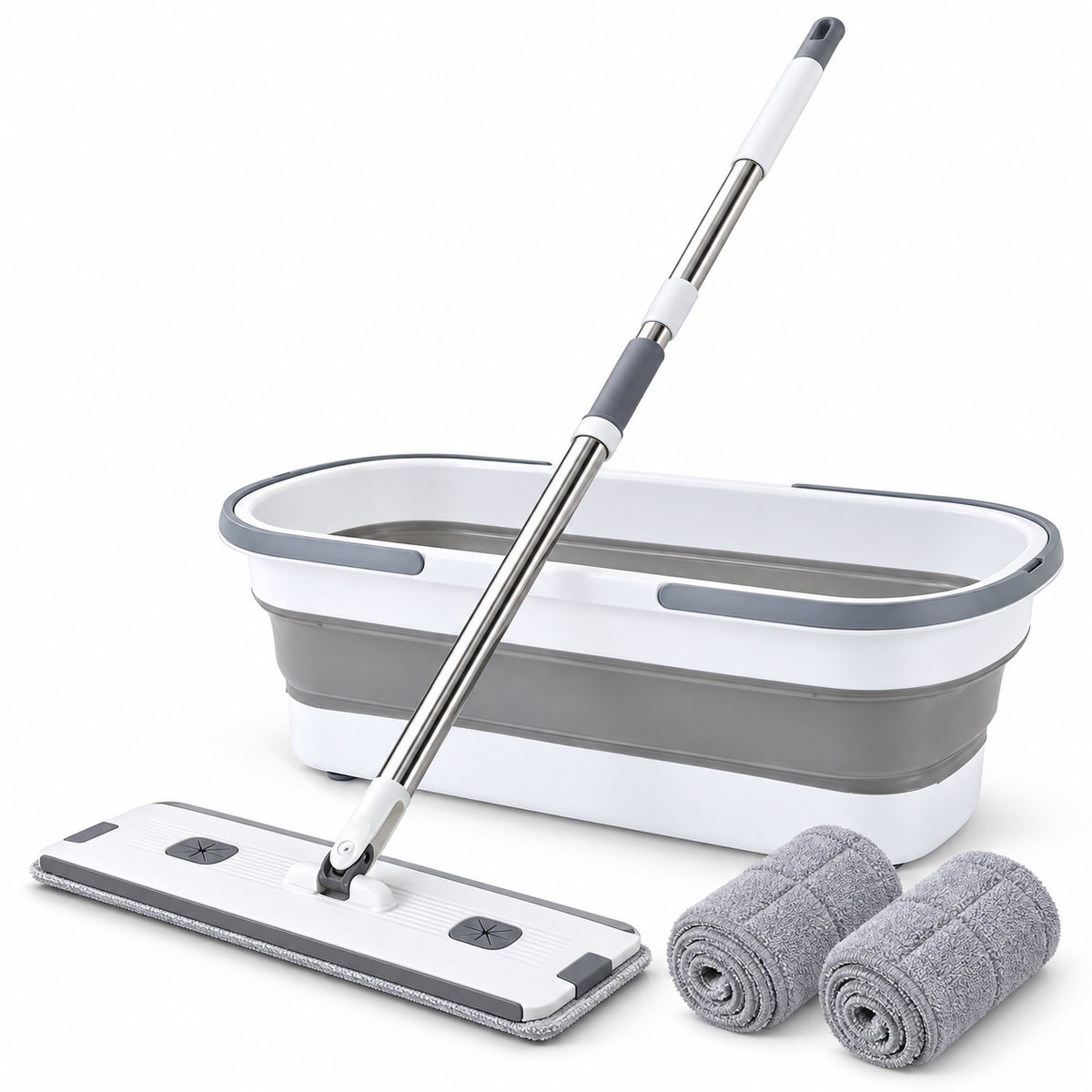 Dweilset met Emmer – Vlakmop met Opvouwbare Emmer – 360° Draaibare Mop – Telescopische Steel 127 cm – Inclusief 2 Microvezeldoeken – Wit/Grijs - Dwijl