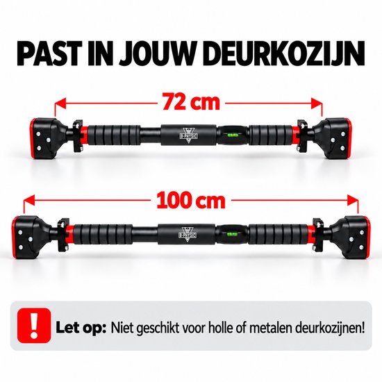 Twee optrekstangen in verschillende maten, met afmetingen 72 cm en 100 cm. "PAST IN JOUW DEURKOZIJN".