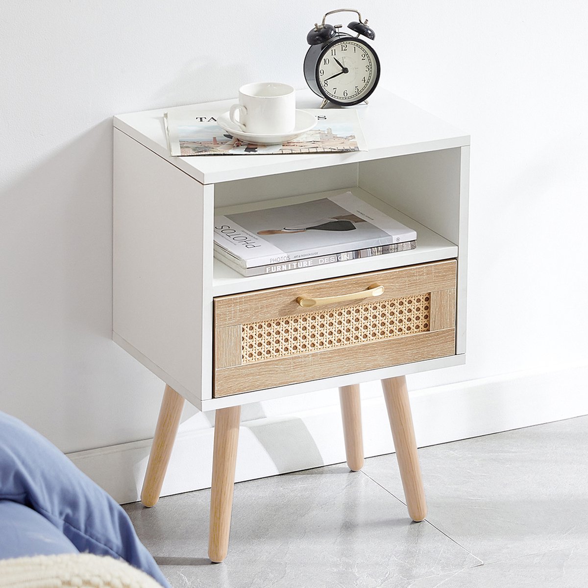 Ropilly Nachtkastje rotan wit - Bijzettafel met lade en opbergruimte - MDF en massief hout - Slaapkamer en woonkamer - Wit - 40x30x55 cm Wit + natuurlijk