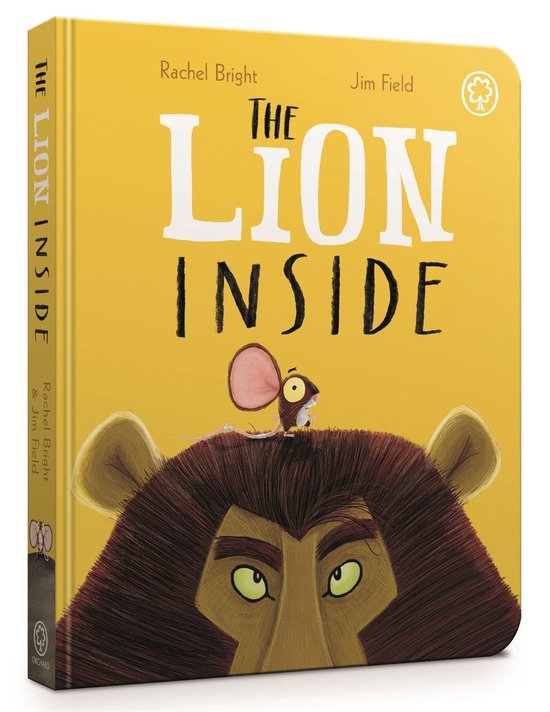 Boek 'The Lion Inside' met een illustratie van een leeuw en een muis op zijn kop. De achtergrond is geel.