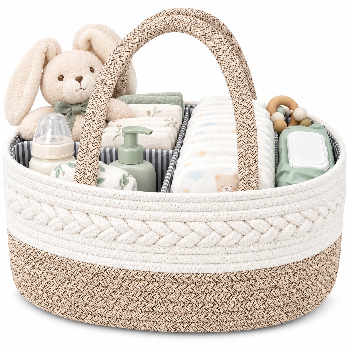 Luiermand voor Commode – Baby Organizer met Uitneembare Vakken – Commodemandje met Handvatten – 36 x 22 x 18 cm – Opbergmand voor Luiers, Doekjes & Babyverzorging – Beige