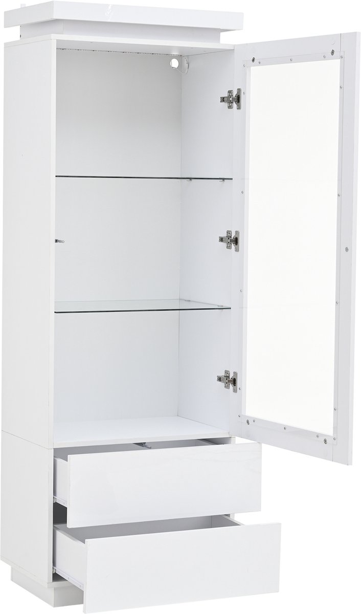 Witte Hoge Vitrinekast Met Ledverlichting - Glazen Legplanken - Twee Laden - Woonkamerkast Met Transparante Deur - 60 x 40 x 171 cm