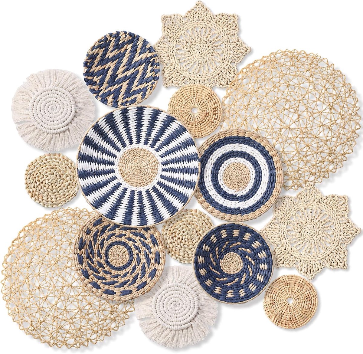 15 stuks Boho Muur Mand Decor Set Geweven Muur Manden Geweven Muur Hangings Boho Geweven Kom Manden Kunst Muur Decor voor Woonkamer Slaapkamer Badkamer Huis (Blauw)