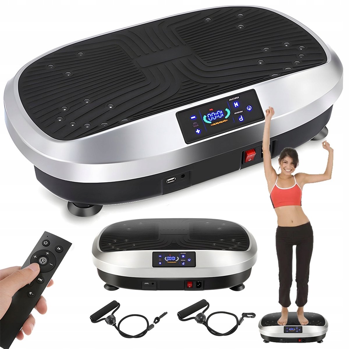 Trilplaat - Fitness Trilplaat - Vibration Plate - met Weerstandsbanden - 120 Instelbare Niveaus - 5 Trainingsprogramma's - LED Display - Bluetooth Muziek - 150 kg - 54.7×34.9×15 - Vibratieplatform - Voor Buik & Benen & Billen - Vetverbranding