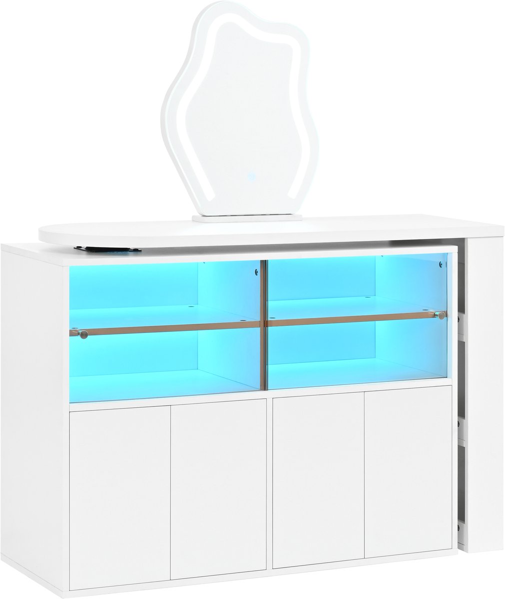 Kaptafel Met Ledspiegel - Draaibare L Vormige Make Uptafel Met Grote Meerlaagse Opbergruimte - Make Uptafel En Bureau In Één Voor Slaapkamer - Wit