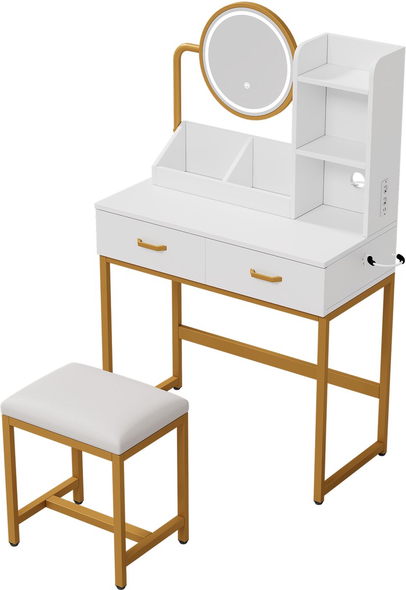Kaptafel Met Spiegel En LED Verlichting - Draaibare Spiegel Met Stopcontacten En Lades - Make Up Tafel Voor Slaapkamer - Wit Met Gouden Poten