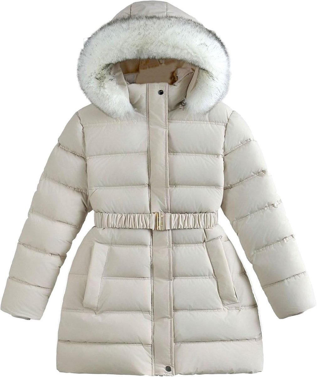 Jas voor kinderen, meisjes, middellang, met capuchon, winterjas, gevoerd met fleece, met riem