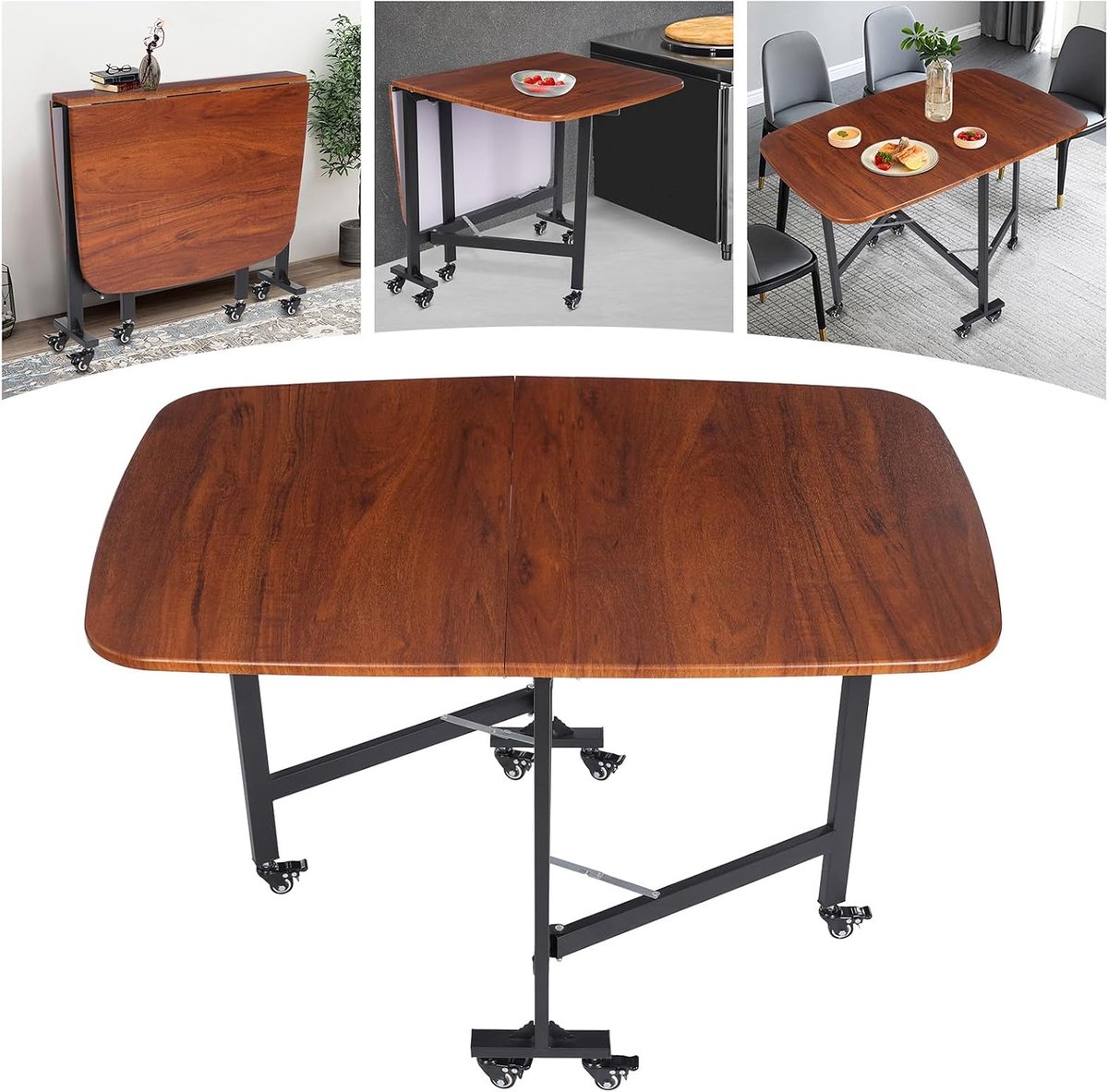 Inklapbare, mobiele eettafel voor thuisgebruik met zes wielen, 100 kg draagkracht, 120 x 80 cm groot tafelblad, multifunctionele tafel