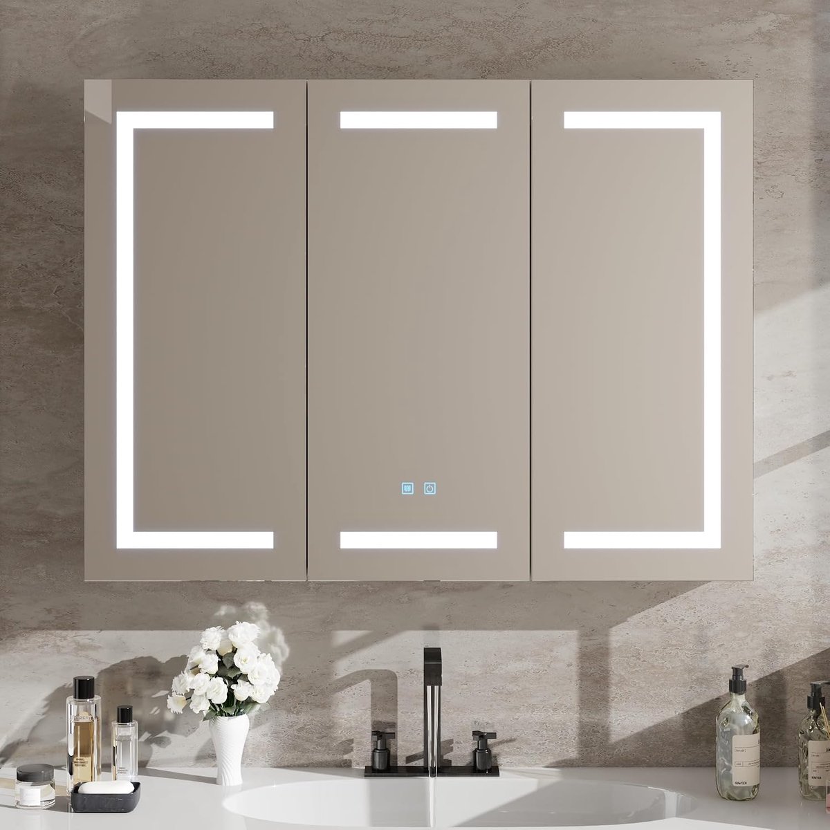 Badkamerspiegelkast met verlichting, 120 x 40 x 90 cm, spiegelkast badkamer met LED, 120 cm breed, dubbele deur, badkamerkast met spiegel en plank, hangkast, aanraakbediening, wit
