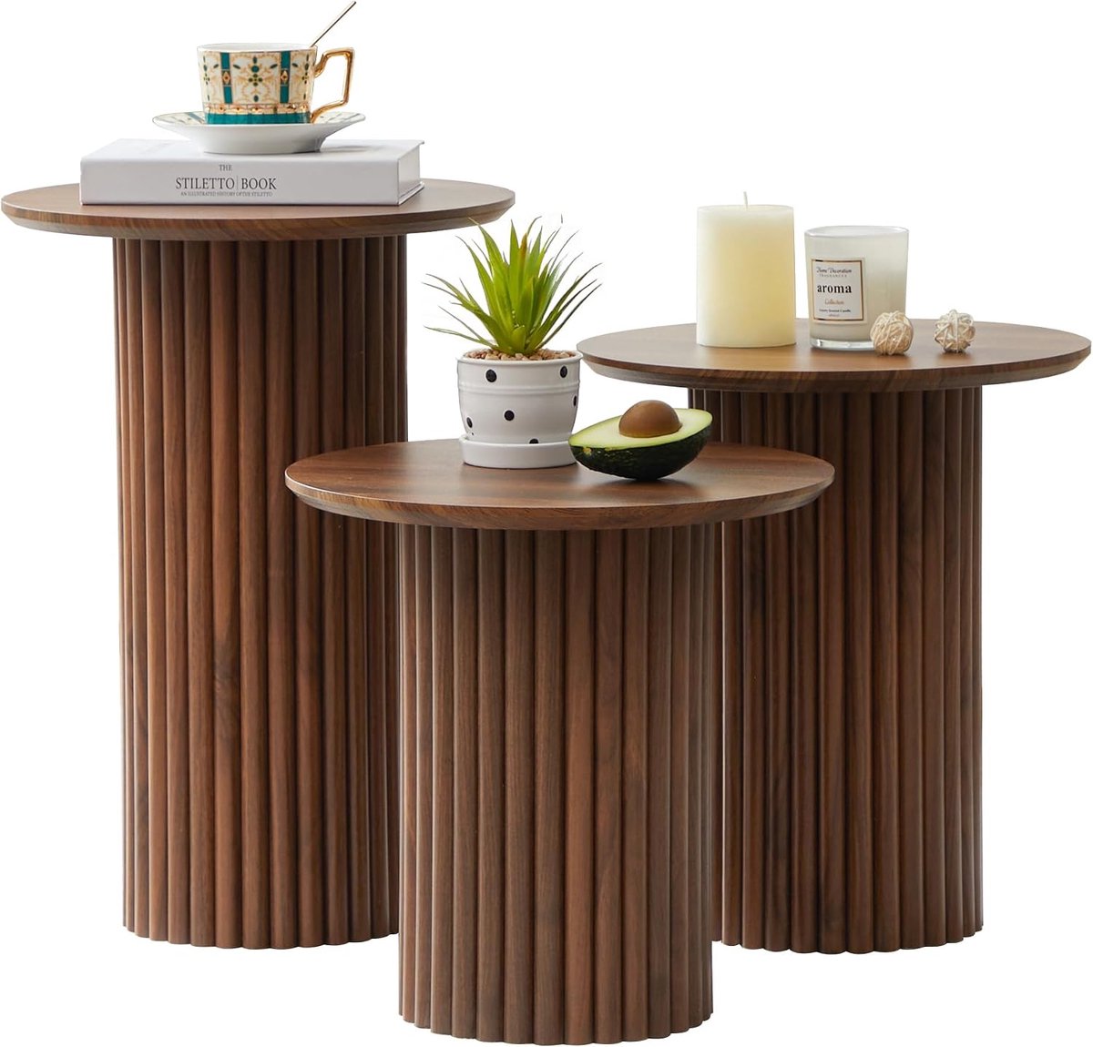 Ronde salontafel set van 3, moderne gecanneleerde koffie- en eindtafelset, kleine cirkel houten bijzettafel voor woonkamer (walnoot)