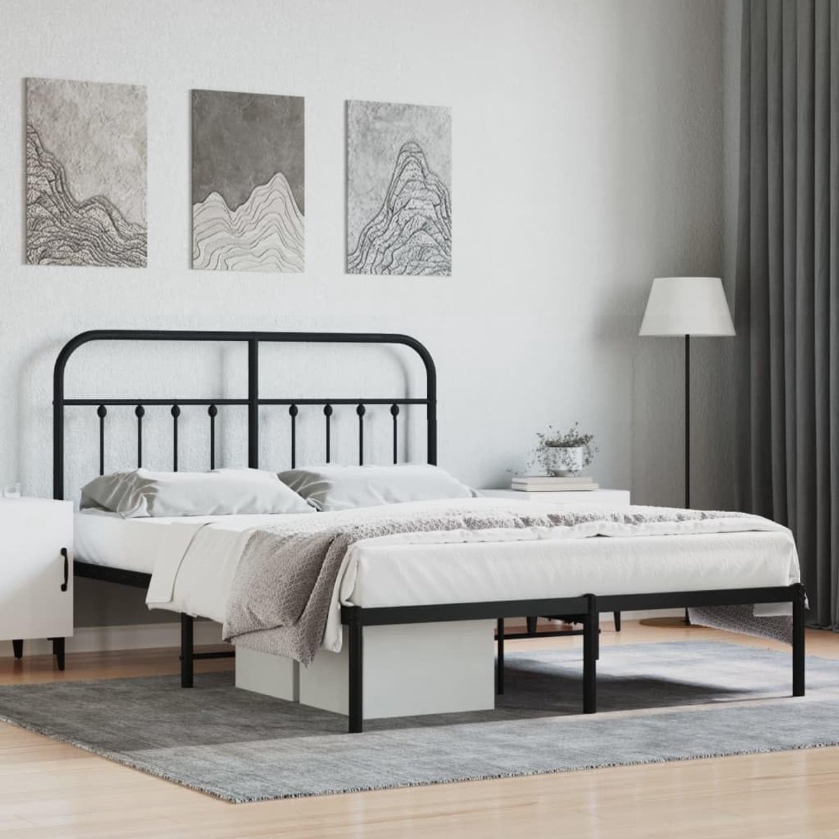 Bedframe met hoofdeinde, metaal, zwart, 140 x 190 cm, bedframe voor woonkamer, slaapkamer, hotelbedframe, geschikt voor slaapkamer