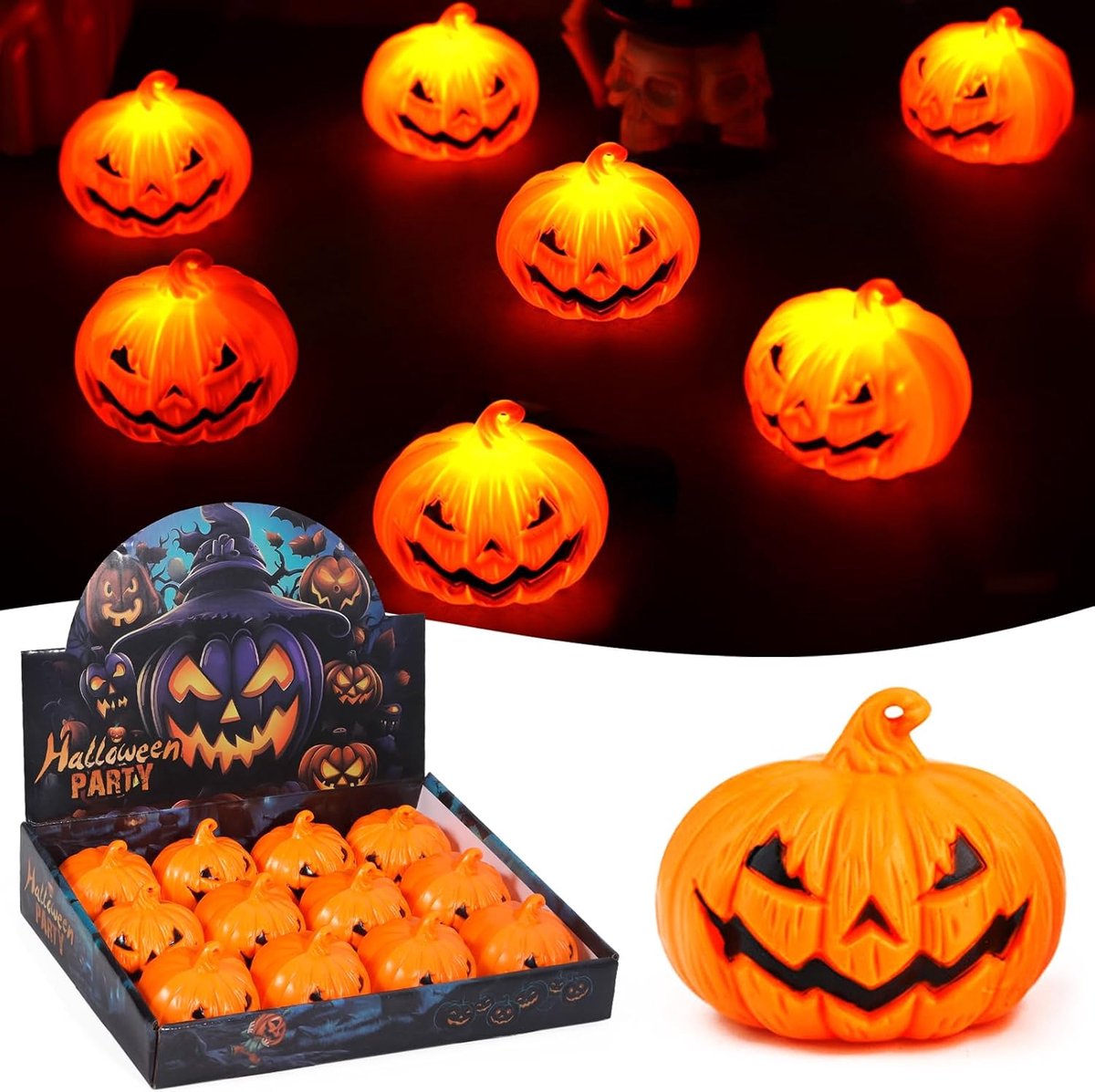 12 stuks Halloween decoratiepompoenen, Halloween-pompoen-theelichtjes, Halloween-pompoen-decoratieverlichting, pompoenkaars, LED-pompoen, voor Halloweens-themafeest