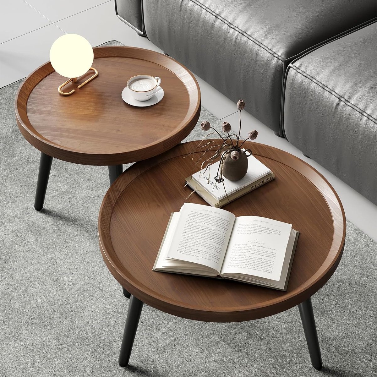 2-delige kleine ronde salontafelset, midden van de eeuw, moderne salontafels voor woonkamer, notenhouten nesttafels voor kleine ruimtes, eenvoudige montage, ronde houten middentafel, zwart