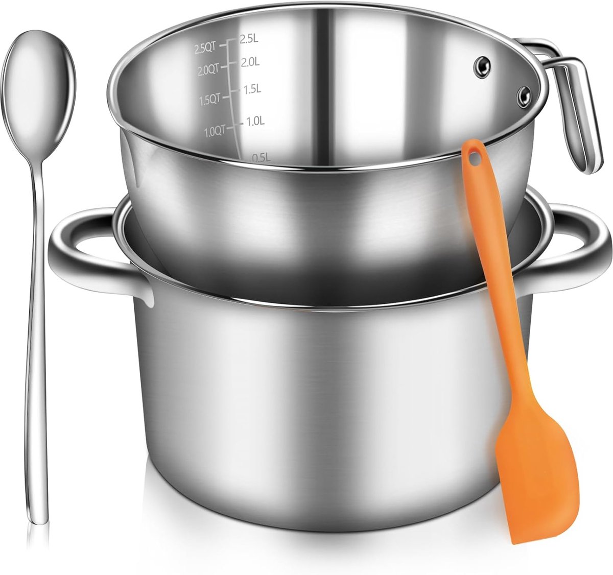 304 roestvrijstalen dubbele boilerset - 2,6QT smeltkom met schaal en handvat - 4.2QT dubbele handgreep pot - stapelbare waterbad smeltpotset voor boter, chocolade, was, suiker, kaars