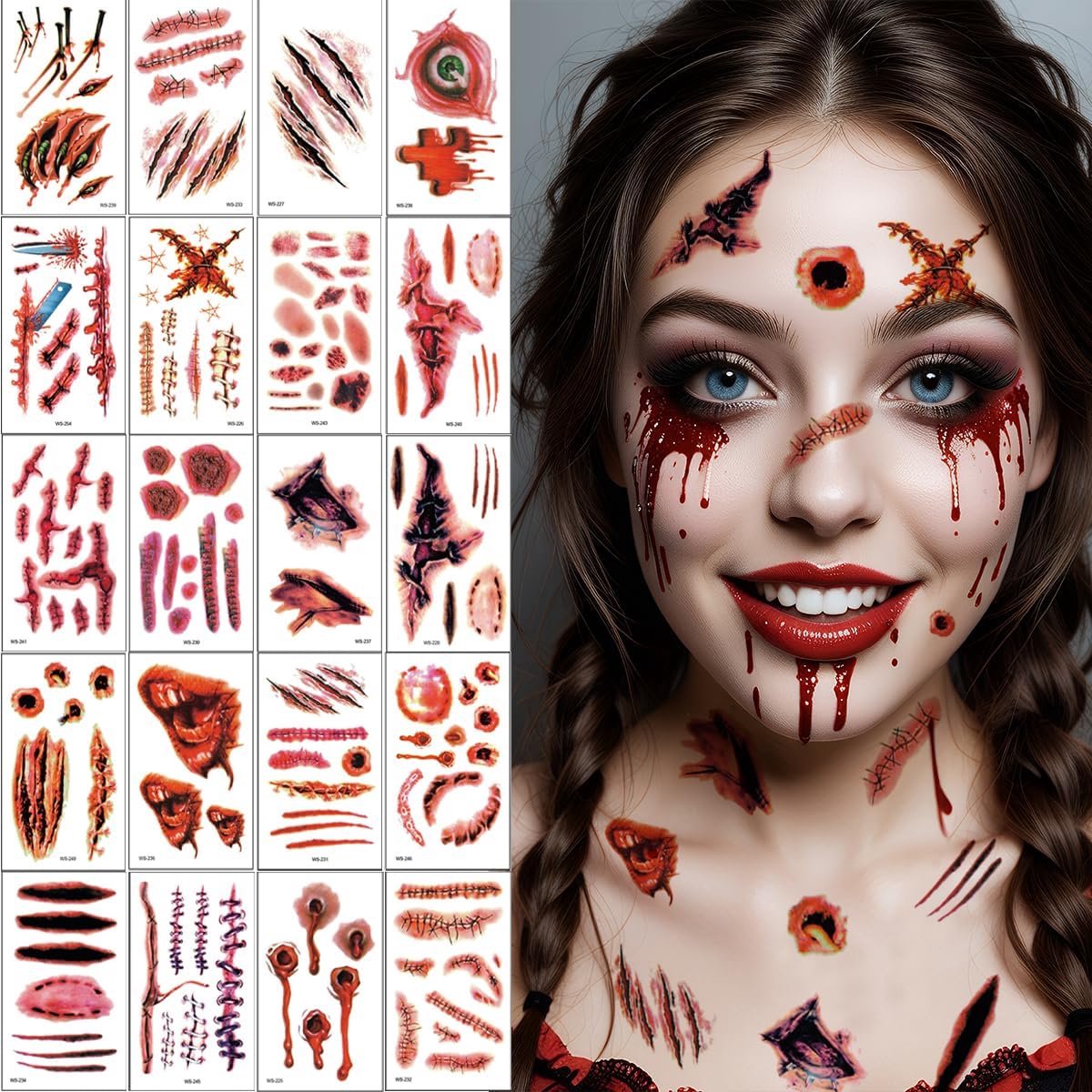 Wonden tatoeages, 20 vellen Halloweenkostuum voor dames en heren, griezelig, Halloween, tattoo, gezicht, zombie, vampier, horror, make-up, accessoires voor volwassenen en kinderen