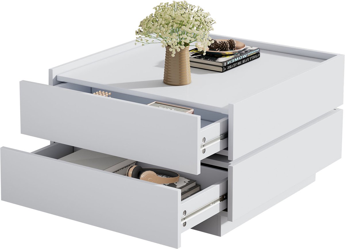 Salontafel - 360° Draaibaar - 2 Lades met Opbergruimte - 60 x 60 x 38 cm - Wit