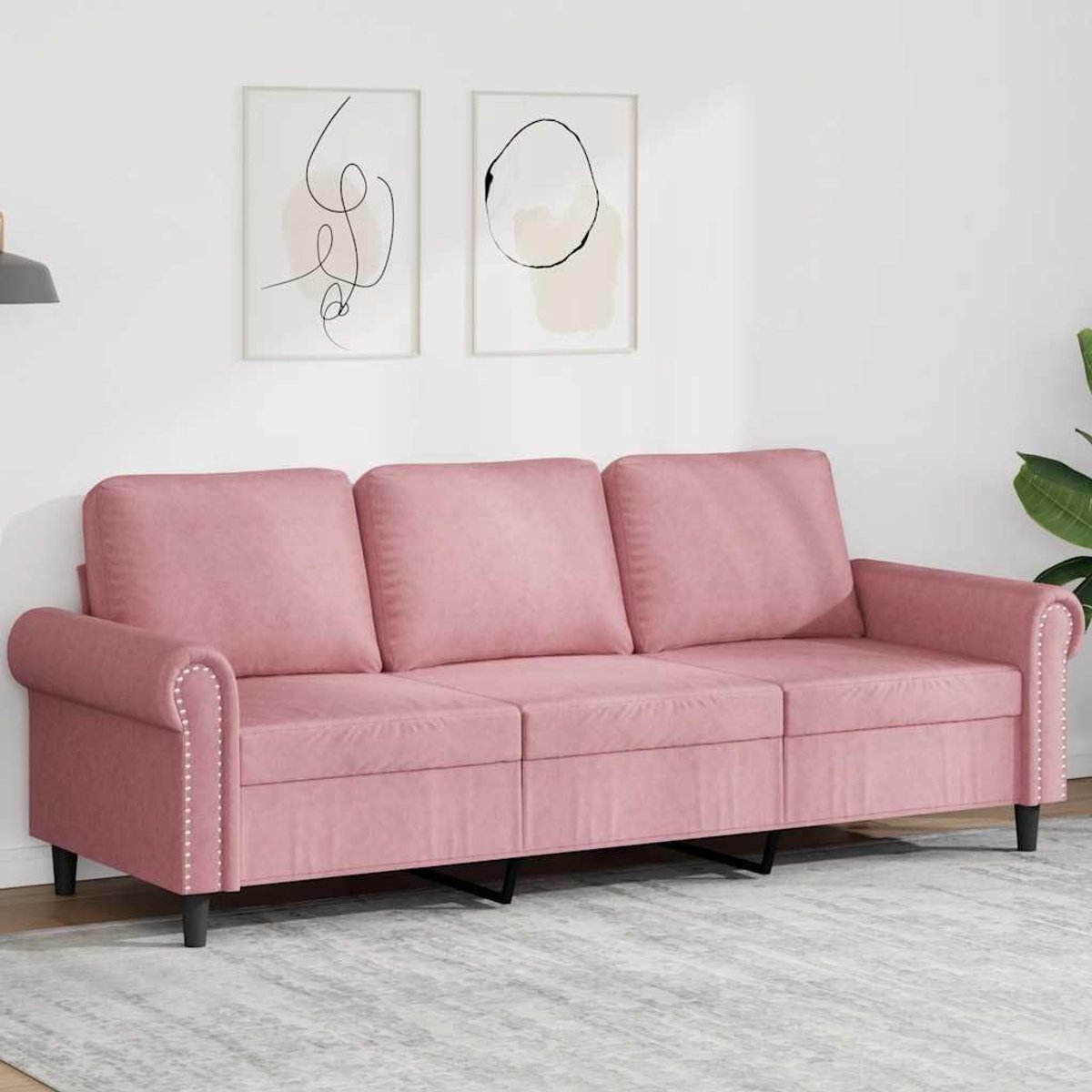 3-zitsbank, roze, 180 cm, fluweel, met zacht velours en robuust metalen frame, voor de woonkamer