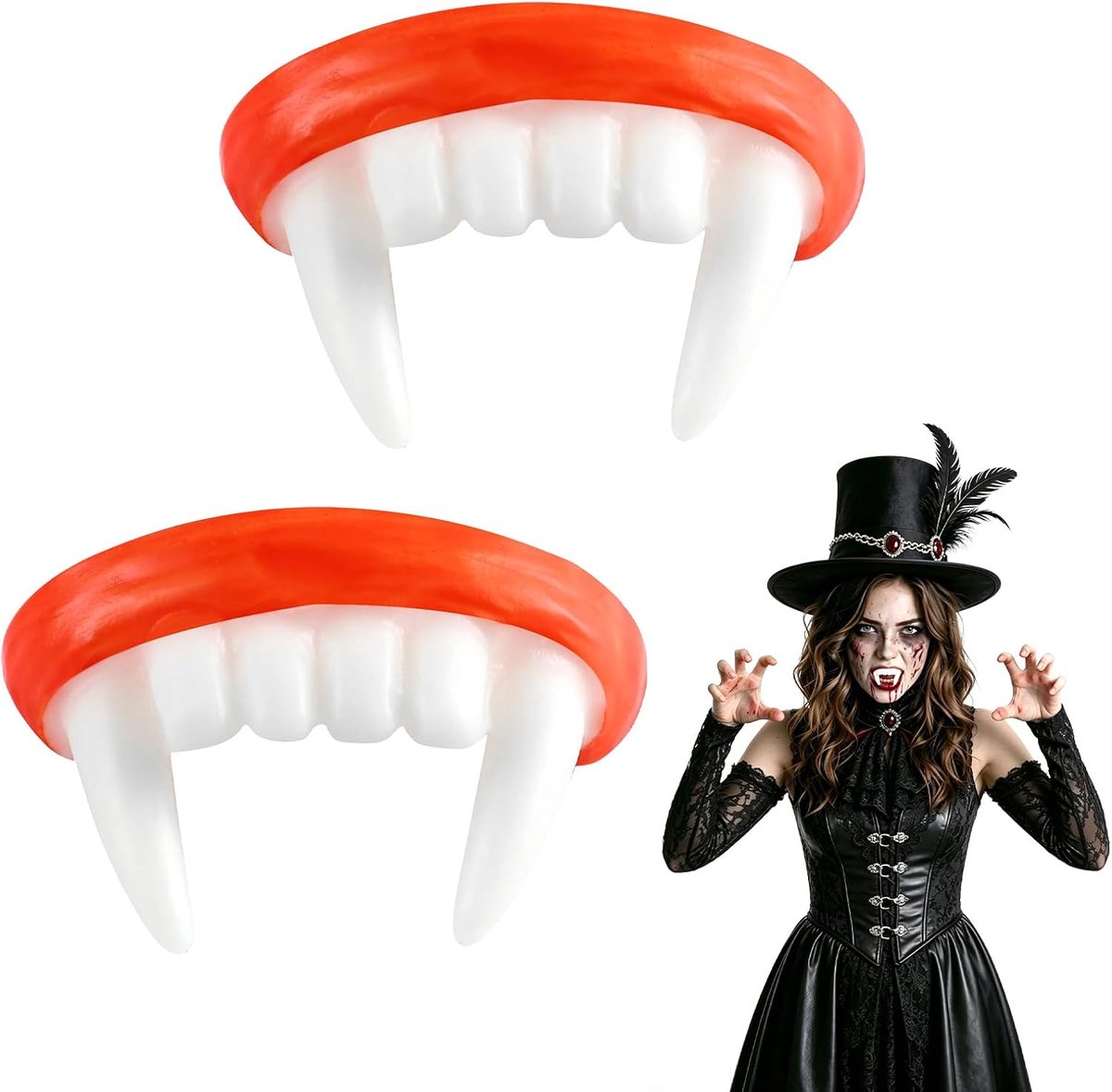 2 stuks vampiertanden, voor Halloween, vampiertanden, om op te steken, herbruikbare vampiergebit voor volwassenen, Halloween, voor cosplay, carnaval