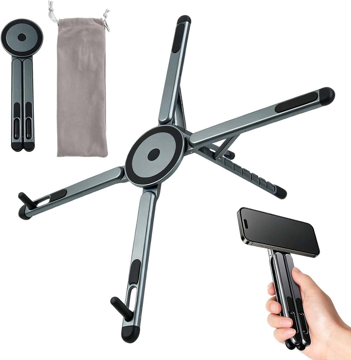 Laptopstandaard van aluminium met hoes, grijs