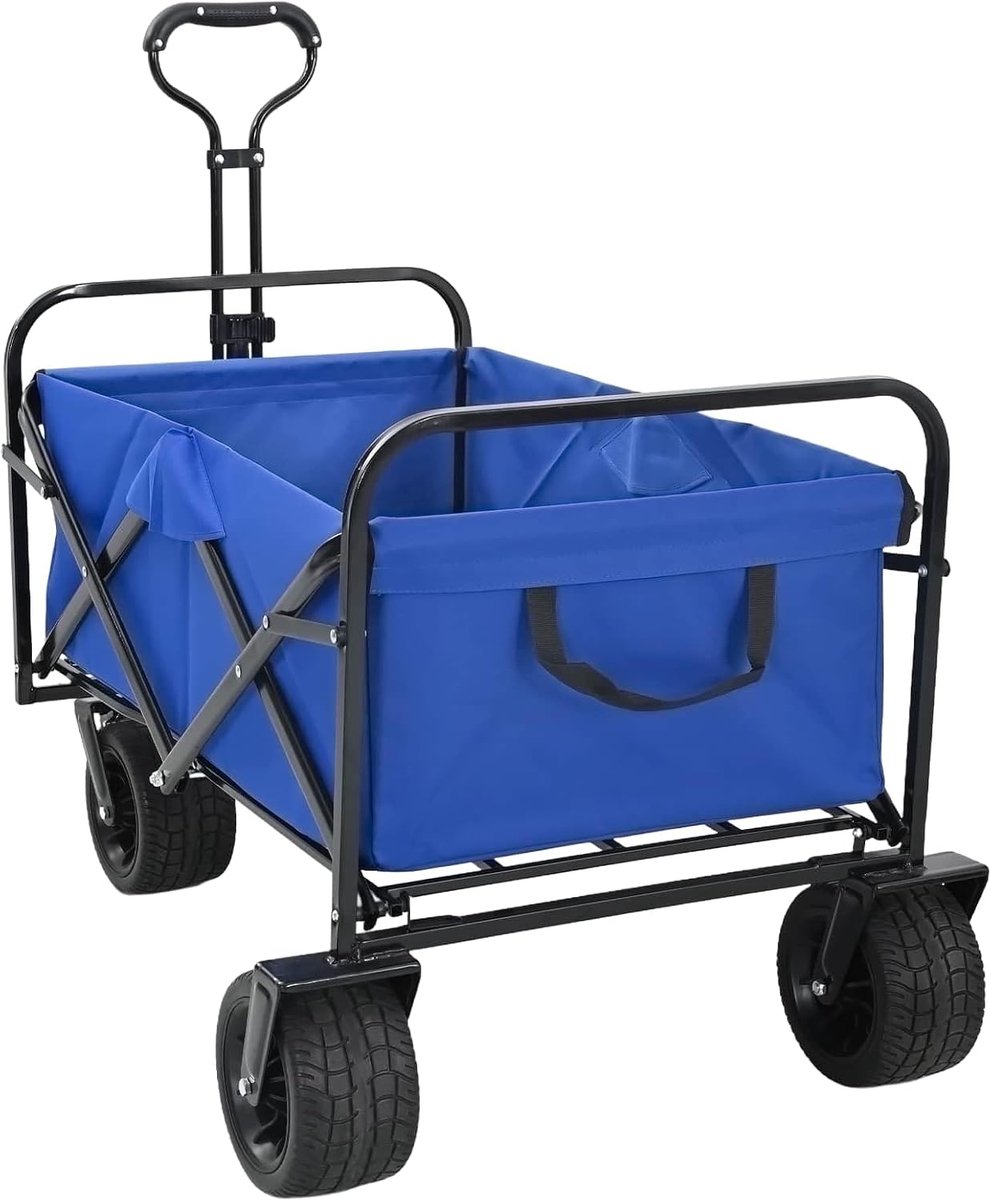 Bolderkar, blauw, 89 x 63 x 96 cm, robuuste handwagen met 200 kg draagkracht, 600D Oxford-weefsel, tuinwagen met remmen en 360° wielen