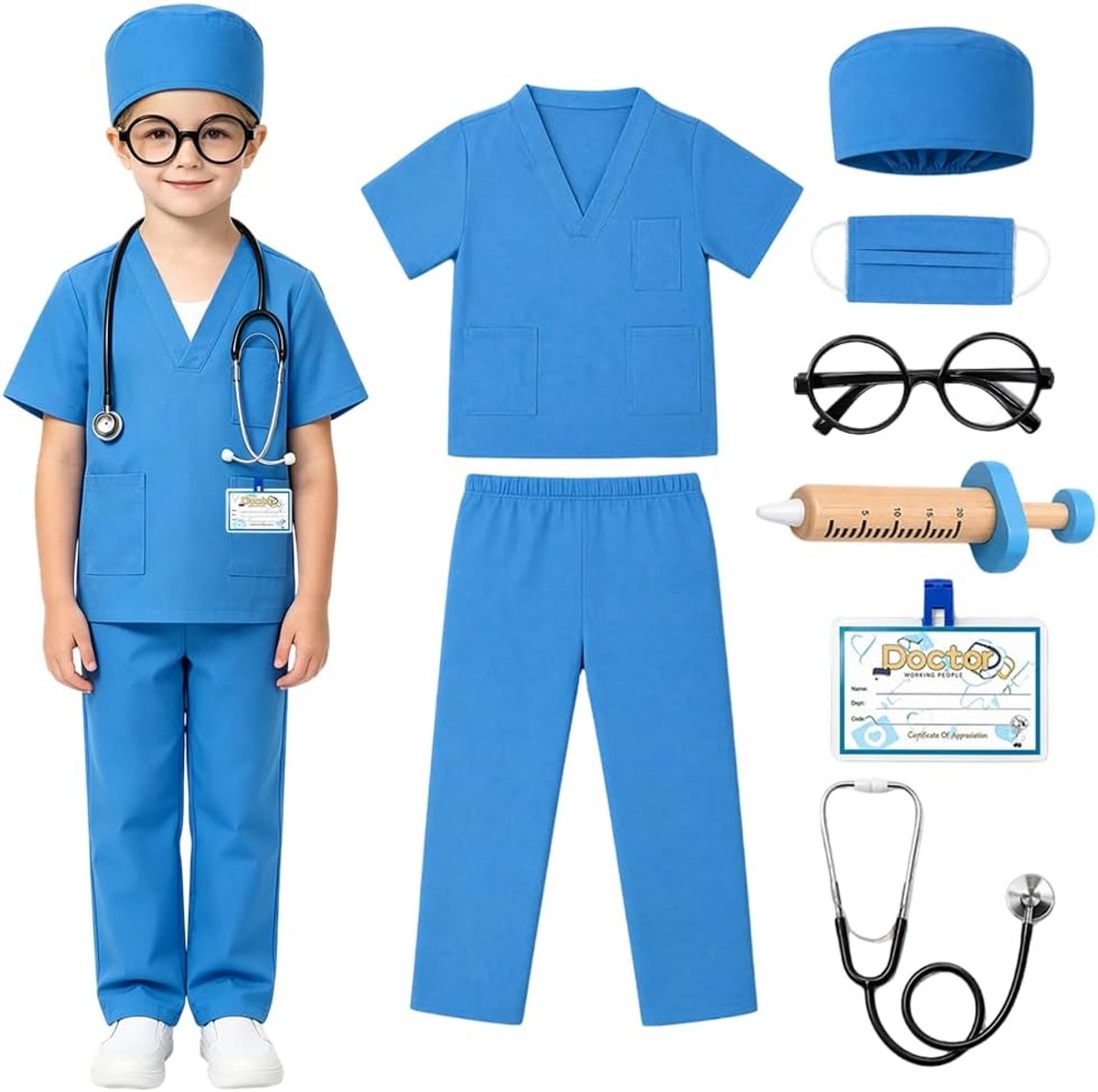 Dokterskostuum voor kinderen, dokterskoffer, kinderkostuum, uniseks, doktersjas, cosplay, met stethoscoop, dokterskostuum, rollenspel, accessoires voor jongens en meisjes, carnavalskostuum, rollenspel