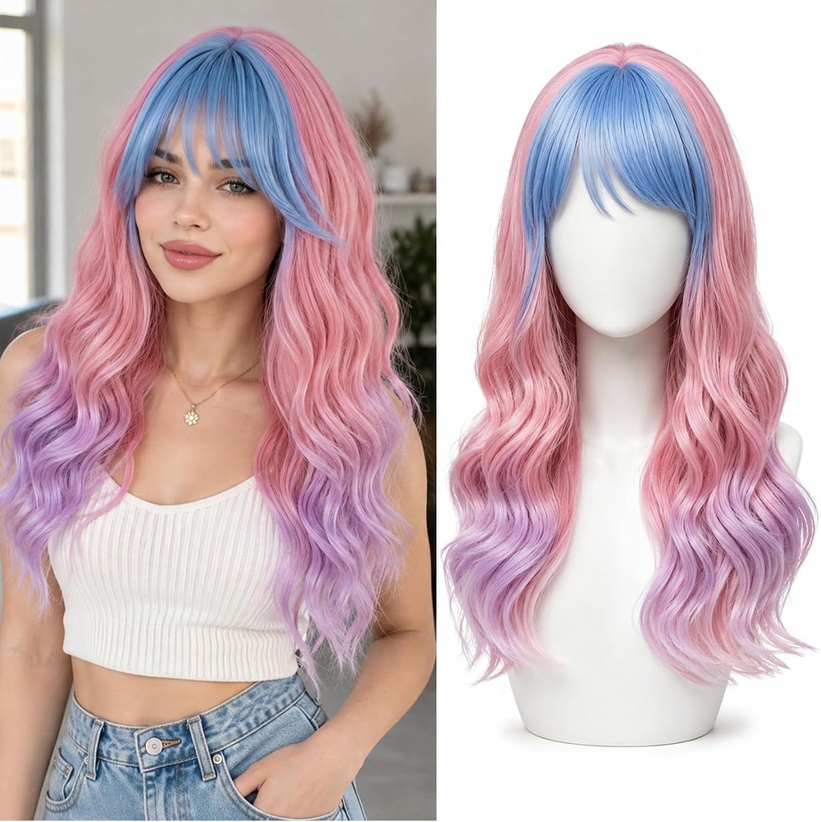 Family Pruik zwart, Wednesday pruik voor dames, Halloween, A-dams kostuums, decoratie, echt haar, pruik kinderen met pony, voor cosplay, party, carnaval, Halloween (roze)