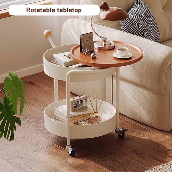 2-Tier Wit Metalen Eindtafel, Roterende Houtnerf Desktop, Verborgen Opslag & 360° Rolling Wielen voor Slaapkamer — afbeelding 4
