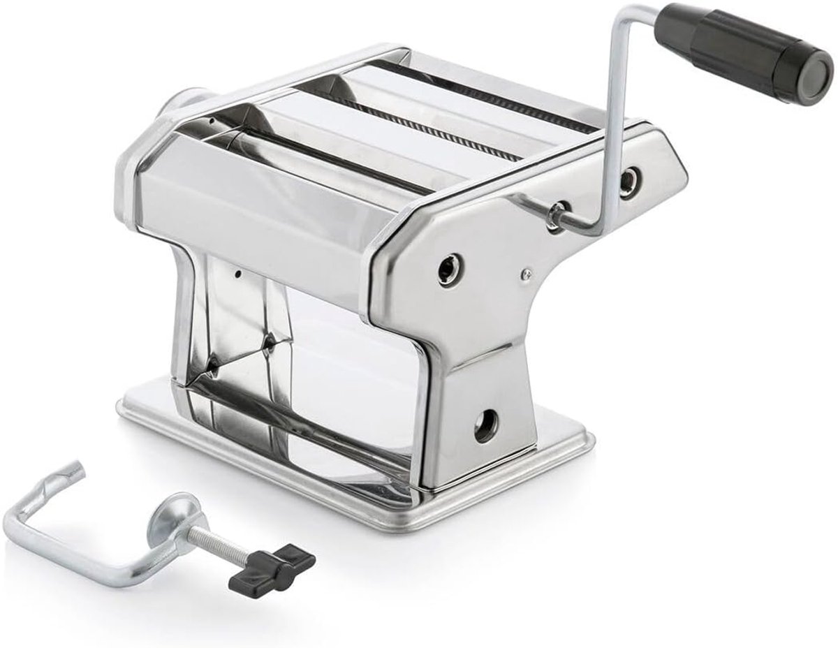 Handmatige verse pastamachine – roestvrijstalen lamineermachine voor thuis, 3 rollen, spaghetti, tagliatelle lasagne, verstelbare dikte, 8 niveaus, afneembare zwengel, antislip clip, 21 × 13,5 × 19,5