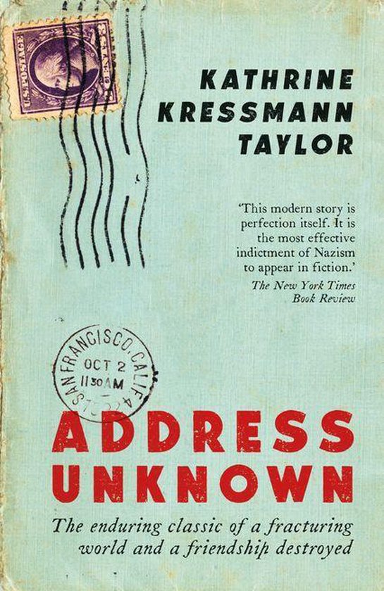 Boekomslag van 'Address Unknown' van Kathrine Kressmann Taylor. Lichtblauwe achtergrond met rode letters en een postzegel.
