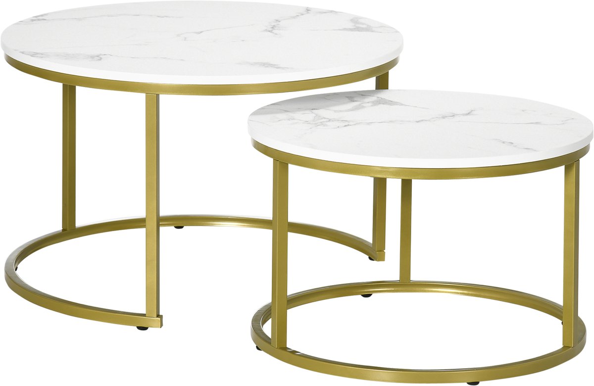 Homona Salontafel-set - 2 Satztische - Met marmerlook - Ø 74 cm en Ø 59 cm - Wit/Goud
