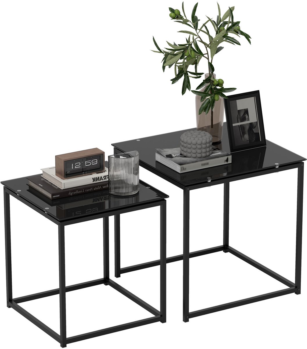 Homona Bijzettafel set - 2-delig - Stapelbaar - Met glazen blad en stalen frame - 50 x 50 x 52 cm en 42 x 42 x 42 cm - Zwart