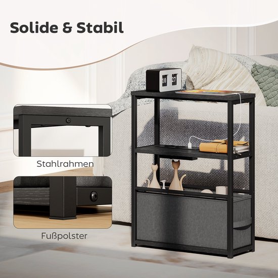 Zwarte bijzettafel met 'Solide & Stabiel' tekst, stalen frame en voetkussentjes voor extra stevigheid.