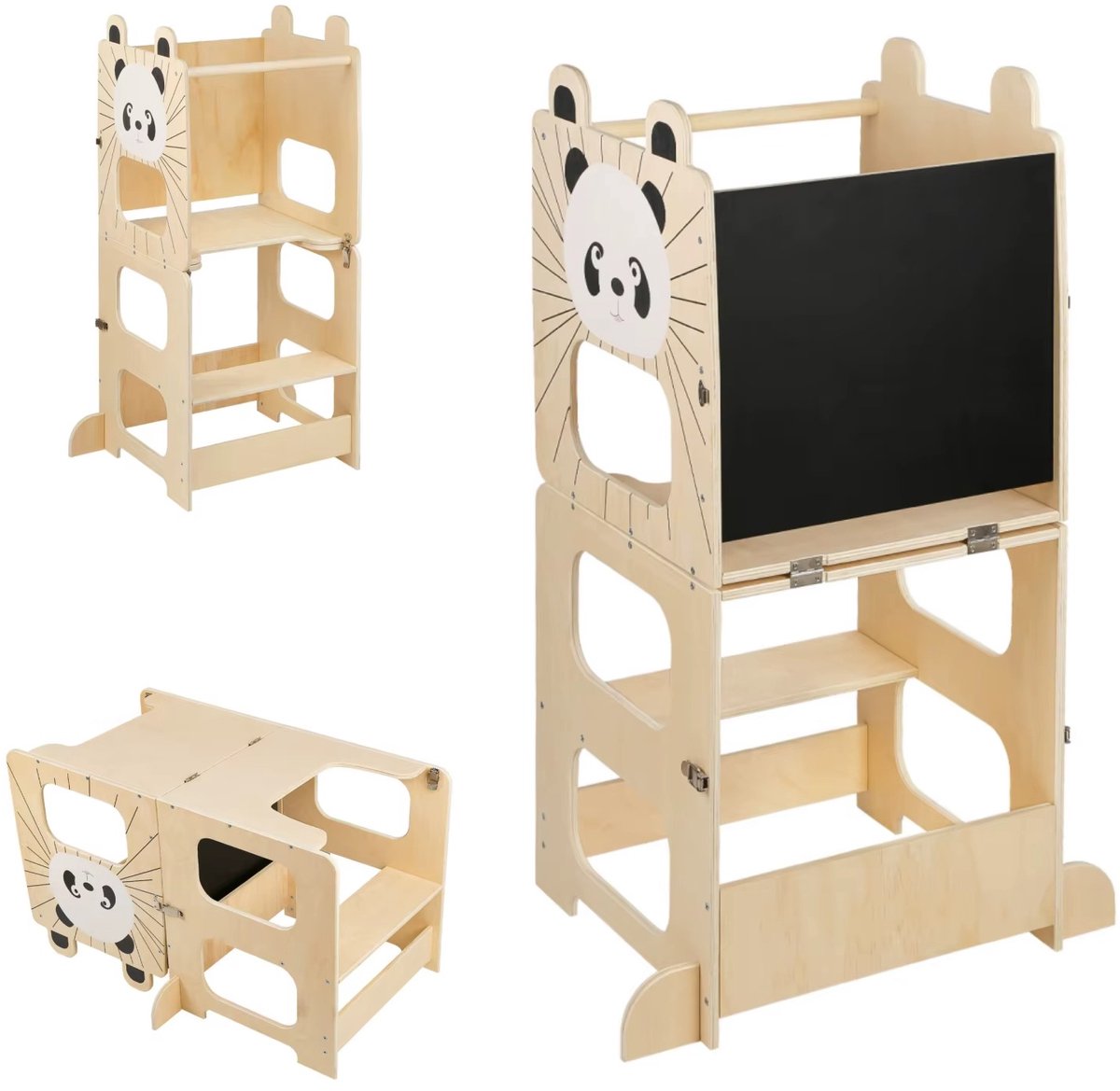 CreateEcom leertoren - kindertafel - montessori leertoren - 3-in-1 Montessori-leertoren - converteerbaar in een kindertafel met stoel, keukenkruk en staande stoel - panda