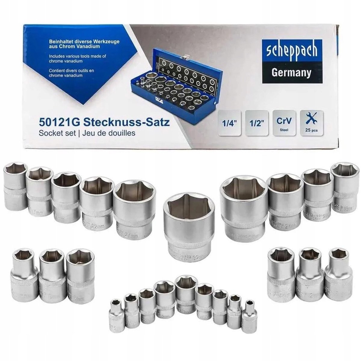 25-delige DOPPENSET 1/4" & 1/2" CR-V Staal (4-32mm)