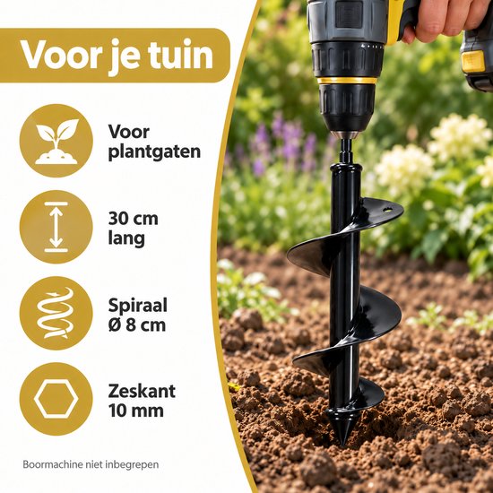 DIVERZA Grondboor / Plantgatboor – Zeskant 10 mm – Spiraalboor voor Boormachine – 30 × 8 cm – Zwart — afbeelding 2